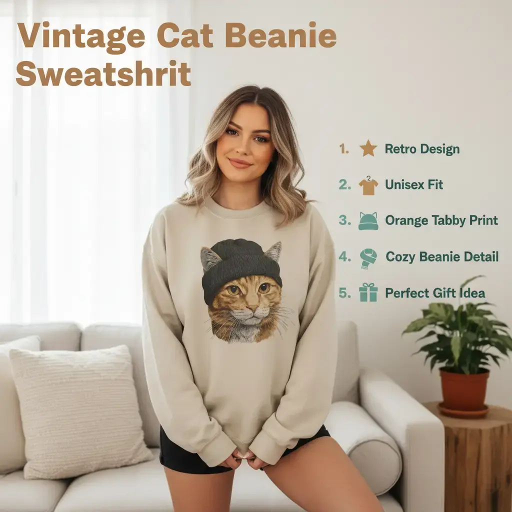 Unisex Sweatshirt with Retro Orange Tabby Cat Graphic, Casual Cotton Blend Crewneck Pullover Top for Women
