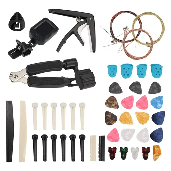 Guitar Accessories Kit with Guitar Strings, Tuner, Capo, Picks, Pick Holder, Thumb Finger Picks, Bridge Pins 65 PCS
