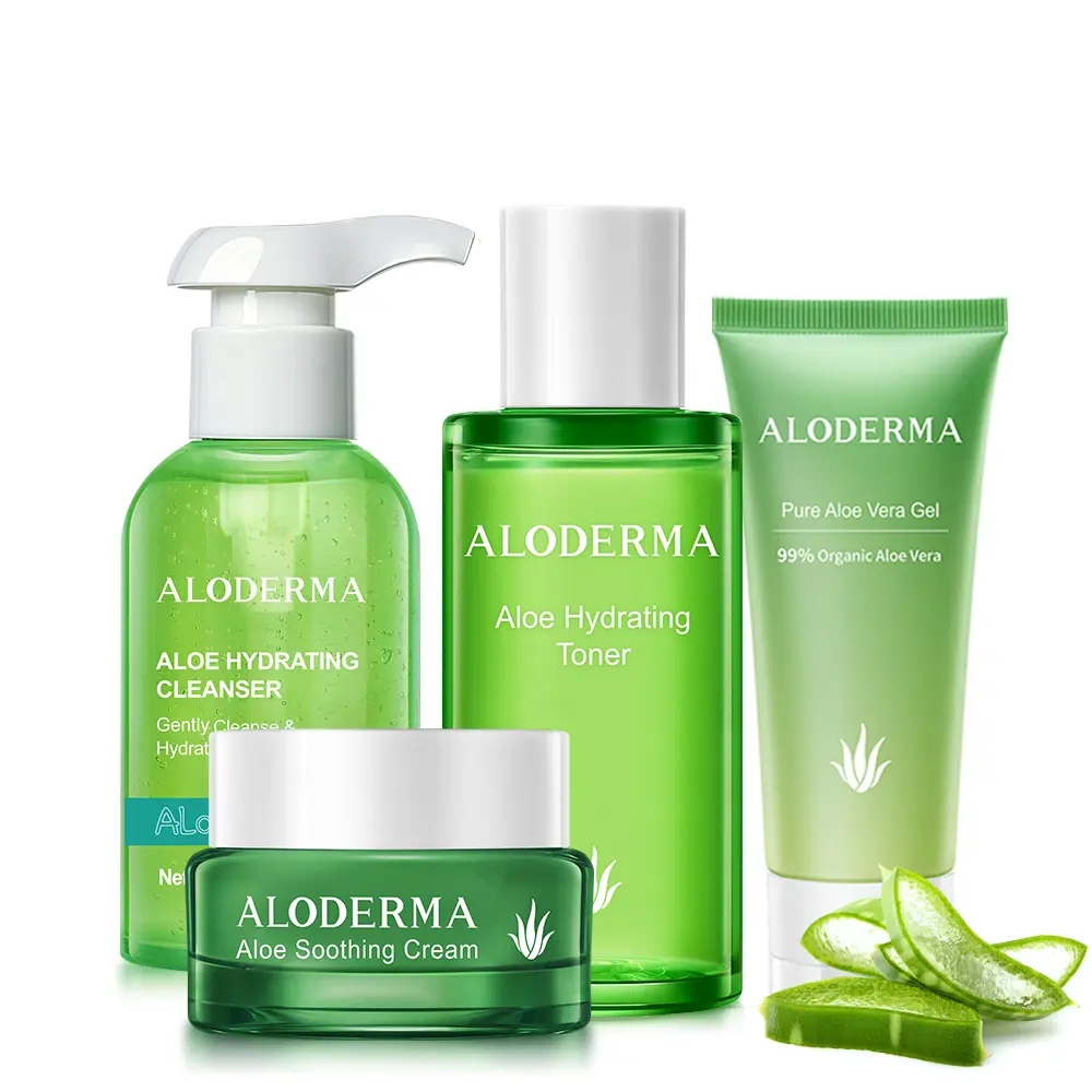 Aloderma Organic Aloe Essential Soothing 4-Piece Skincare Set - Organic Chamomile, Hyaluronic Acid, Beta Glucan, Vitamin C, Aloe Hydrating Cleanser, Made Within 12 Hours of Harvest, Nourishing, Sensitive Skin, Unisex