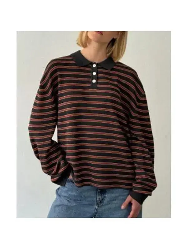 Oversized Striped Sweater for Women Collared Long Sleeve Preppy Polo Sweater Vintage Aesthetic Knitted Rugby Shirts