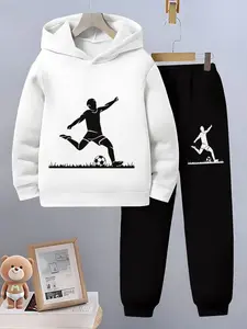 3D Football Figure Hooded Sports Set, Graphic Print Set, Spring & Fall Loose Fit, Casual Long Sleeve Sweapants, Boys' Two-Piece