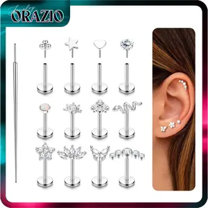 ORAZIO 12pcs Push-in Stud Earrings Set, 20G Flat Back, 14K Gold Plated, Hypoallergenic Threadless Cartilage Helix Tragus Nose Piercing Jewelry for Women