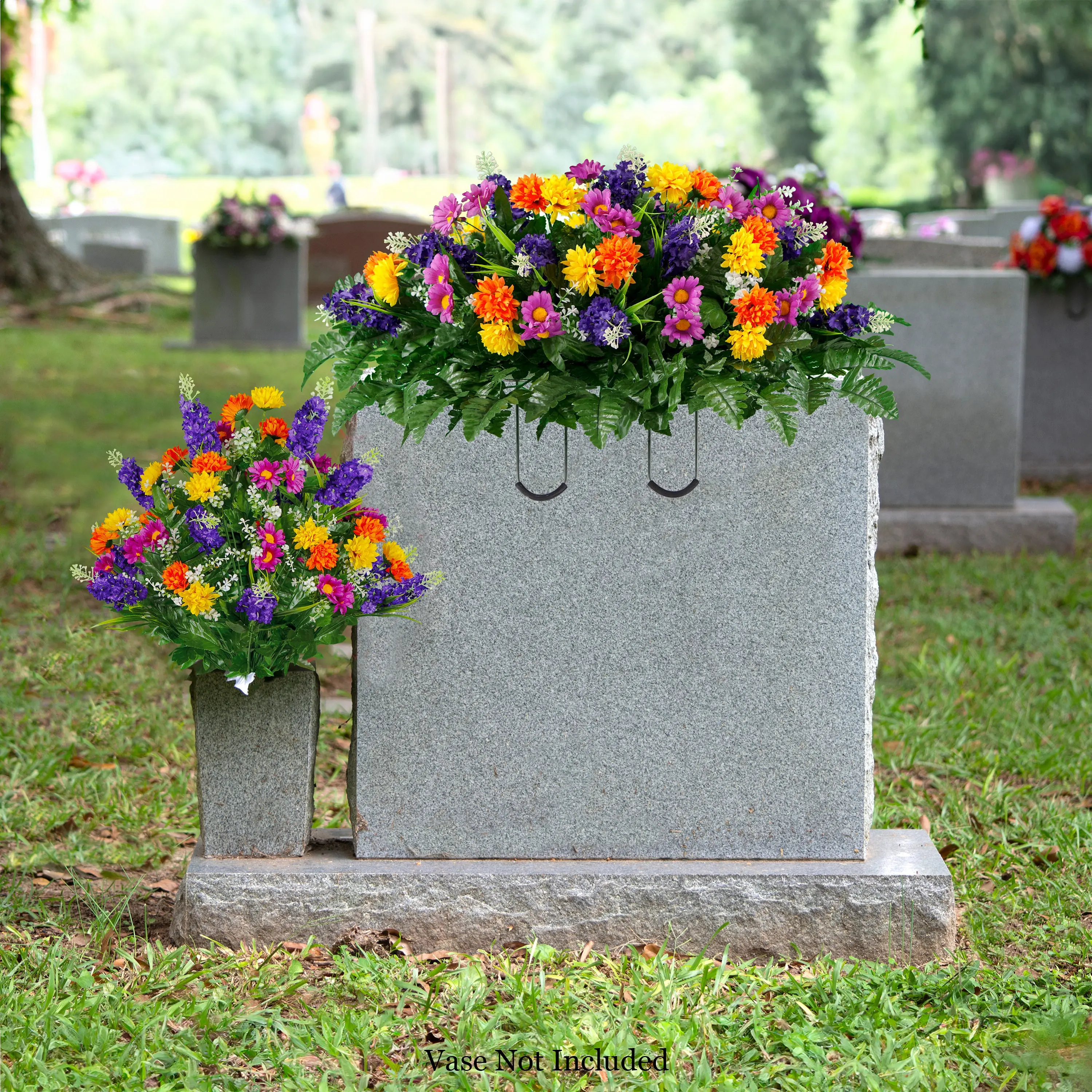 Spring Wildflower Cemetery Saddle and 1 Matching Bouquet - Purple and Orange Wildflowers - Artificial Mothers Day Cemetery Flower Set