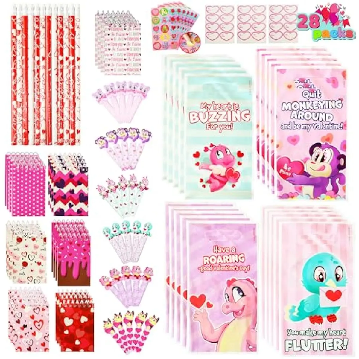 28 Pack Valentines Day Stationery Gifts for Kids, Party Favor Set with Treat Bags, Classroom Exchange Prizes with Notebooks,Rulers,Erasers,Pencils,Stickers
