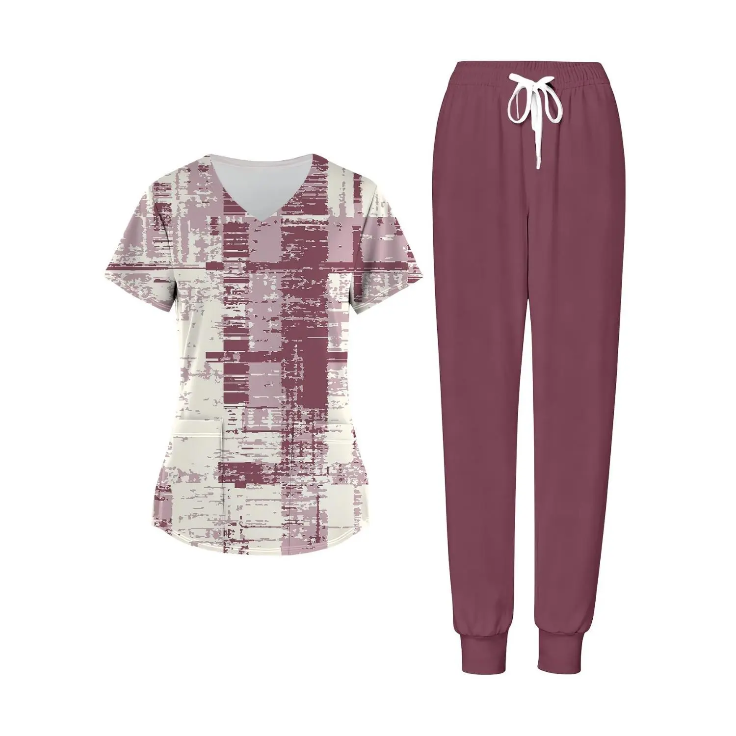 Printed V-Neck Nurse Scrub Set for Women - Comfortable Stretch Uniform with Solid Jogger Pants and Pockets