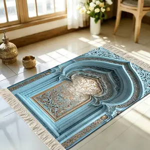 1pc Festive Home Light-Blue Vintage-Elegant Mihrab Mosque Foldable Prayer Pad, quiet stain-shield floor-friendly, daily & holiday worship all-scene, machine-wash multi-size faith pick