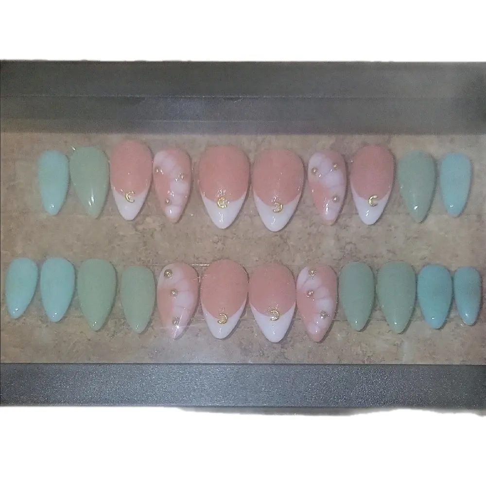 Green and Blue Aura Press On Gel Nails with French Tips and Gold Accents - Set of 22 Nails in Various Shades