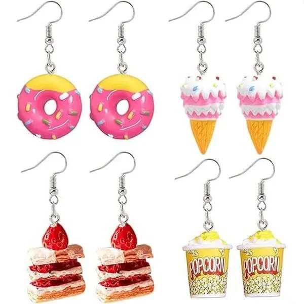 4 pairs of cute simulated dessert earrings for women, donut, ice cream, cake, chocolate earrings, popular accessories