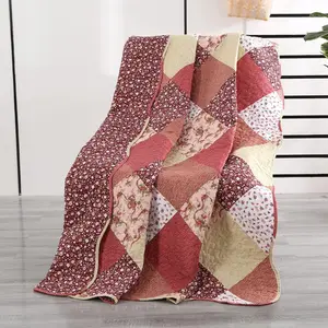 Quilted Throw Blanket, 59x79 Inch Patchwork Farmhouse Quilt, Soft Microfiber Reversible Multicolor Floral Coverlet, Lightweight Bed Quilt Cover for Couch Sofa