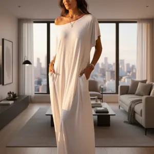 Women's Solid Color - Slightly Stretchy Polyester Fabric Fashion Design Large Round Neck Loose Pocket Short-Sleeve Long Nightgown. Home Dress