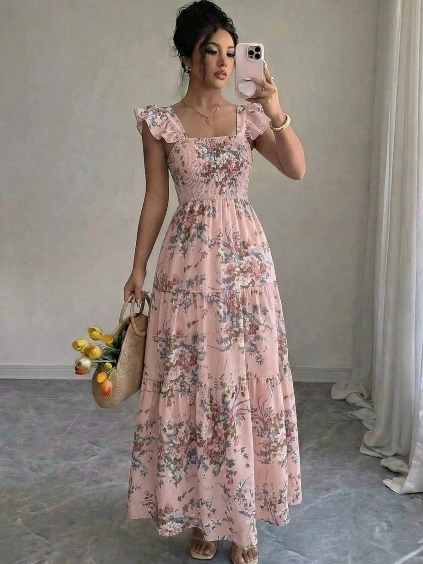 Women's Casual Sleeveless Spaghetti Strap Dress - Square Neck, Smocked Floral, Tiered Ruffle Trim, Open Back, Midi Length, Polyester, Stylish Wear, Women's Clothes, Pullover, A-Line Cut, Ruffled Tiers