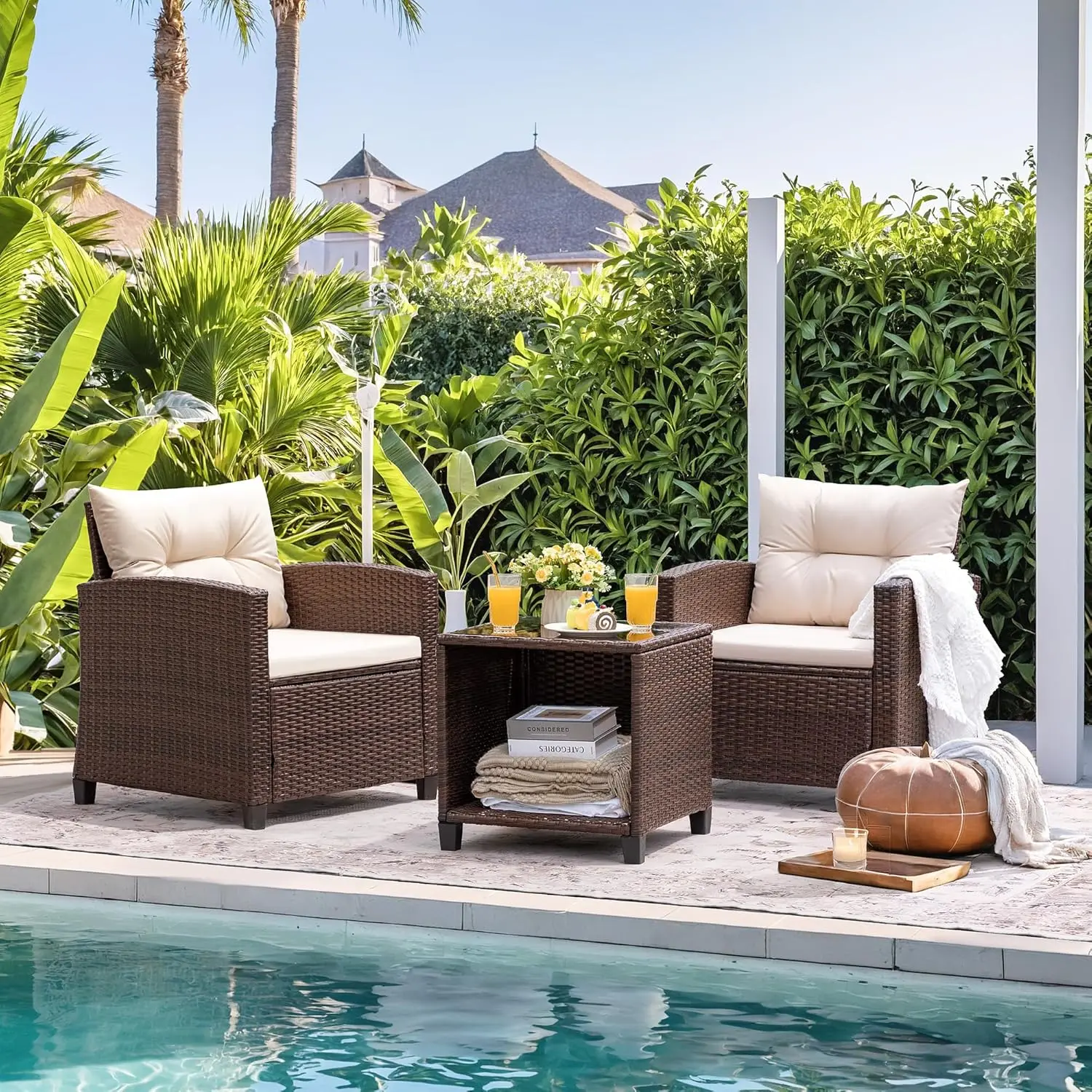 Homall 3 Piece Patio Furniture Set, Outdoor Rattan Chair with Cushion and Coffee Table, Patio Bistro Set for Balcony, Garden, Porch, Beige,backyard