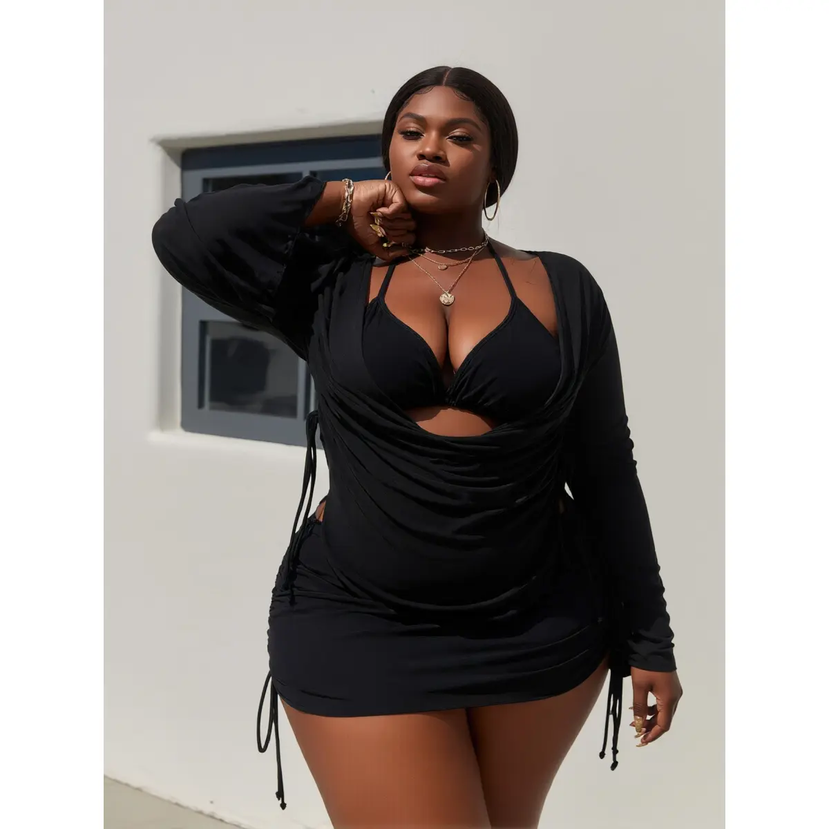 Women's Plus Size 3 Piece Swimsuit, Solid Black Halter Bikini Set with Long Sleeve Mesh Cover Up and Tummy Control Ruched Skirt, Bikinis Sets, Solid Ruched Swimsuit, Plus Size Swimsuits