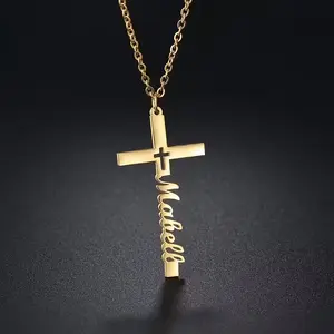 Personalized Vertical Name Cross Necklace Custom Hollow Cross Pendant Dainty Stainless Steel Religious Jewelry Faith Gift for Women Men Girls