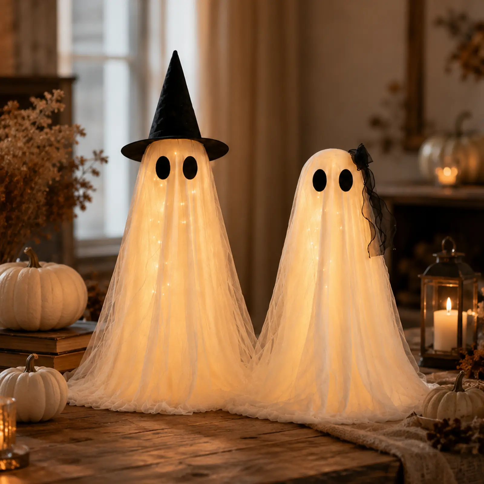2-Pack Spooky Halloween Indoor Ghost Decor Kit - Home Supplies with Upgraded Fabric, Timer Remote Control, Ideal for Indoor Table, Cabinet, Fireplace
