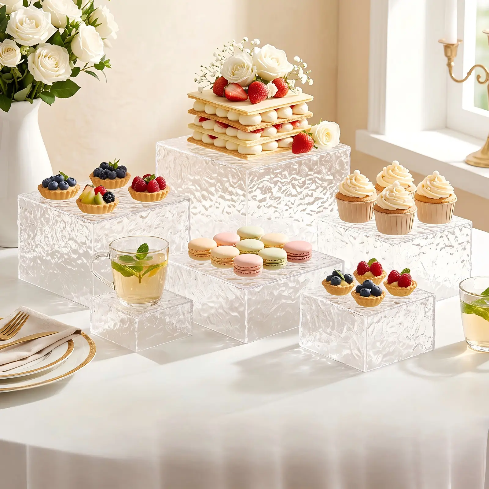 6Pcs Buffet Risers, Food Risers for Table, Wave Texture Cake Stands for Party, Paper Dessert Table Display Set, Cupcake Display Stand for Birthday Wedding Party Decoration