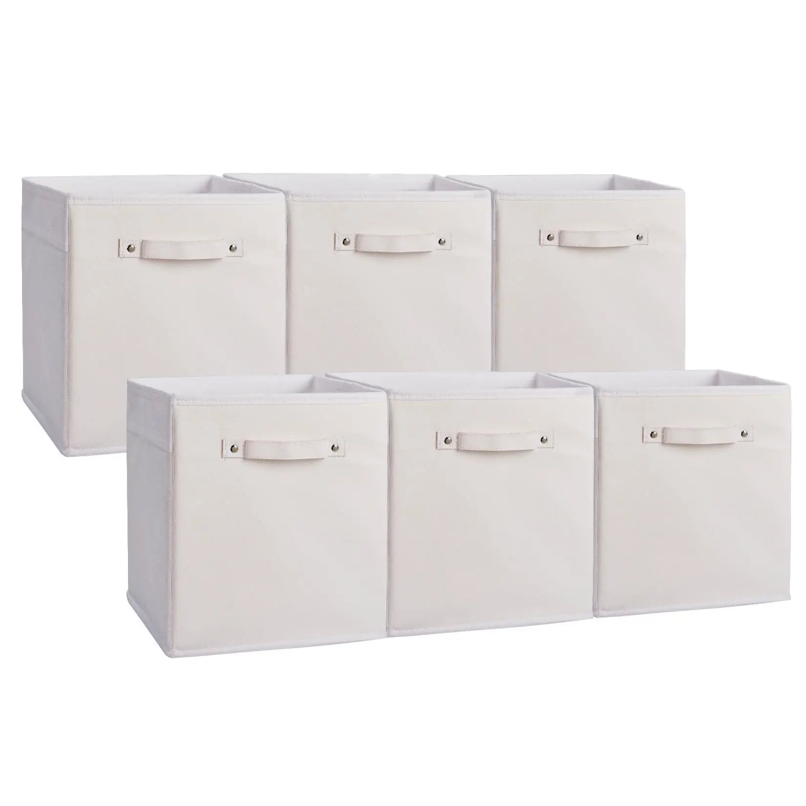 GARVEE 6-Pack 11in Square Fabric Storage Bins with Faux Leather Handles & Slide Function, Foldable Cube Organizer Baskets with Flat Base for Shelves & Closet, Decor Collapsible Boxes for Clothes Toys, White
