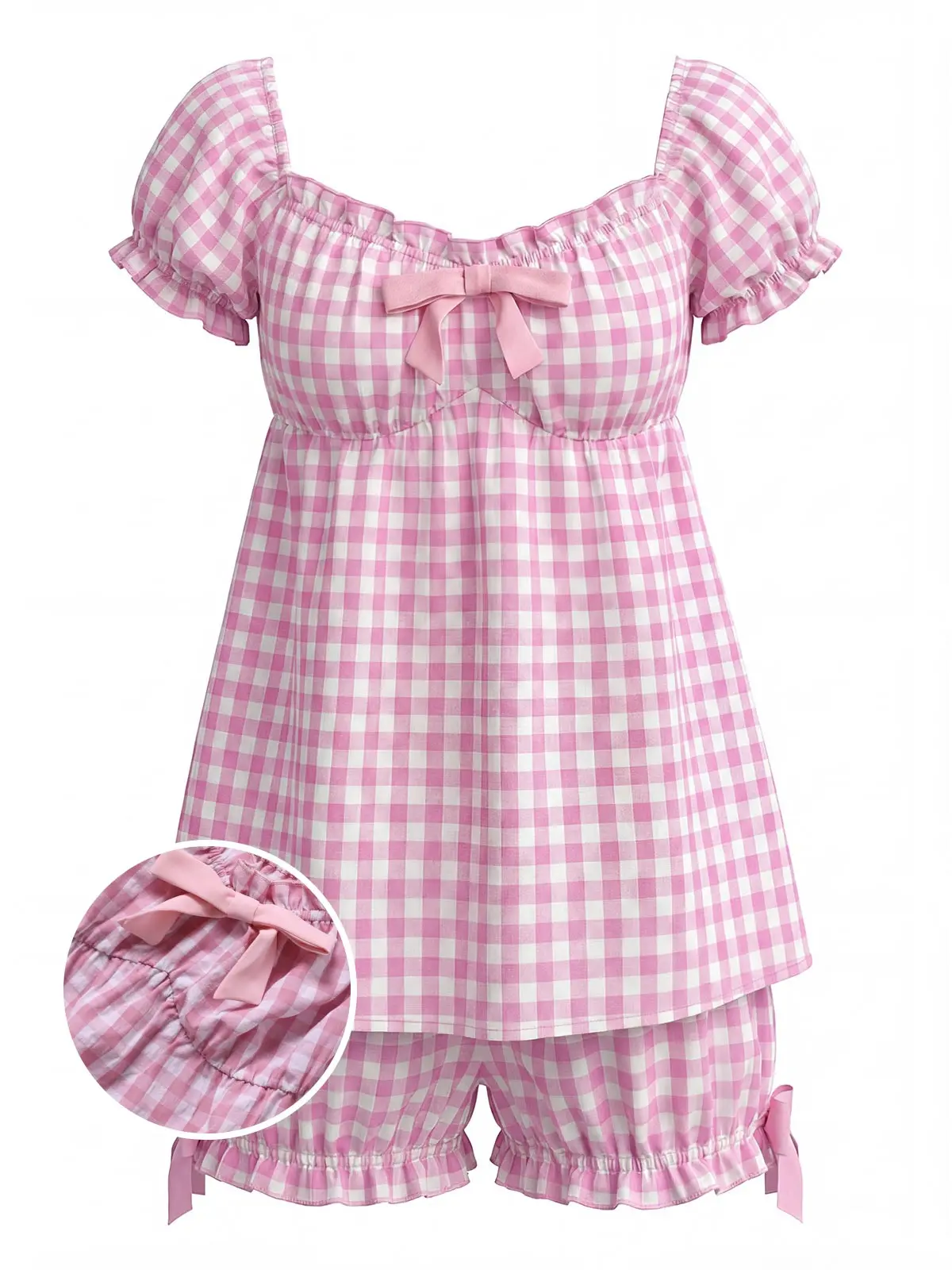 Pink 1960s Bow Gingham Ruffle Pajama Set summer vacation outfits