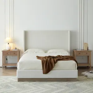 Hosford Upholstered Wingback Bed / Upholstered Wood Base Platform Bed / 52.5" High Headboard / Minimalist / Rusticity / No Box Spring Needed  / California King / Cream White Boucle / No Noise