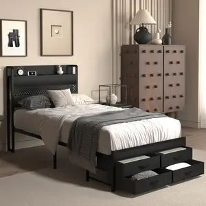 Black Twin Size Metal Platform Bed Frame with Storage Headboard, 4 Drawers, Charging Station, LED Light, Heavy-Duty Furniture with Strength and Stability, Noise-Free, No Box Spring Needed