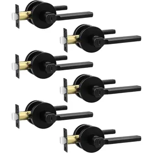 6 Pack Black Interior Door Handle with Lock, Door Lever for Bedroom or Bathroom,Keyless Round Door Lock Interior for Left and Right Hand Reversible