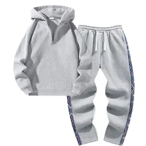 Men's Knitted Casual Set - Hooded Long-sleeve Half-zip Loose-fit Sweatshirt Fleece-lined Pants Outdoor Warm Lining Straight-leg Unisex Fit Blue Beige