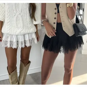 Y2k Lace Mini Skirt Women Low Rise Pleated RuffleTiered Half Slip Elastic Waist Flowy Mesh Sexy ShortUnderskirt midi  skirt  dance Women's A-Line Casual Bottom