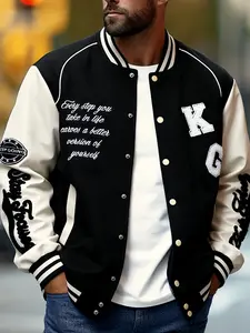 Men's Vintage Casual Baseball Jacket, Patched Sleeve Embroidery Motivational Slogan, Pop Art Print Street Style Outerwear Coats