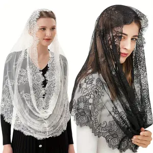 Set Of 2 Elegant Black White Lace Veils - Mantilla Cathedral Head Cover with Floral Patterns,Non-Woven Fabric for Weddings,Church,and Events,Wedding Veils,Church Accessory,Sophisticated Style