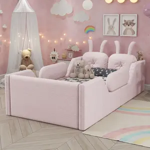 Twin Size Upholstered Platform Bed with Rabbit Cushion, Kids Floor Upholstered Bed with Removable Side Rails, Pink(Expect Arrival Date 2025/1/15)