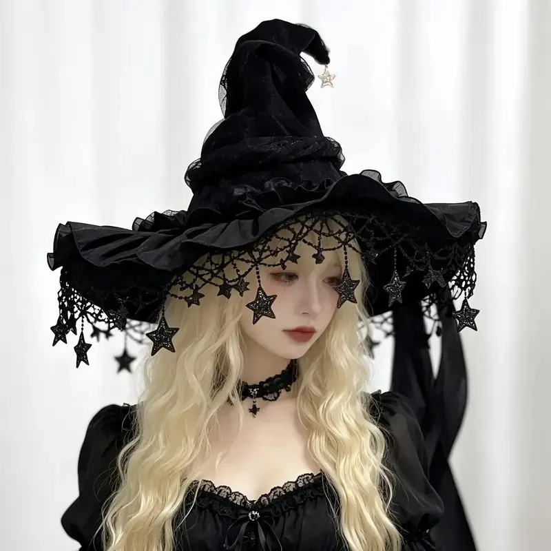 Gorgeous Elegant Aesthetic Breathable 2Pcs Gothic Fairycore Witch Accessories Set - Tulle Wizard Hat With Long Satin Ribbon Bow, Celestial Moon Star Pendant Necklace, Vintage Renaissance Cosplay Props For Halloween Parties, Stylish Portrait Photoshoots