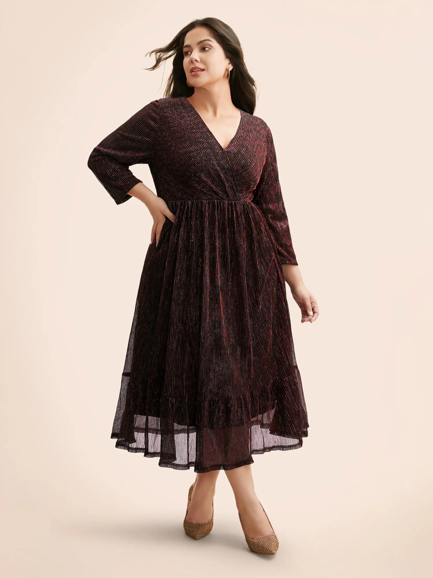 BLOOMCHIC Women's Luxe Mesh Pleated Wrap Dress - V-Neck Lantern Sleeves, Polyester-Spandex Elastic Fabric, Black, Garment Pocket, Basic Lady Going Out Bachelorette Party Summer Dress, Regular Fit, Occasion, Festival, Midi Length, Lantern Sleeve Flow, Elbo