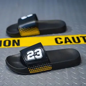 Trendy Thick Cushioned Non-Slip Summer Slides - Men's Athletic Flip-Flops - Breathable PU Upper with EVA Sole for Outdoor, Beach & Casual Wear - Black with Yellow Accents