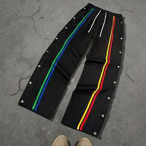 Men's Vintage Hip-Hop Loose Straight-Leg Pants with Rainbow Striped Side Slit - White Casual Pants with Drawstring Waistband, Suitable for All Seasons