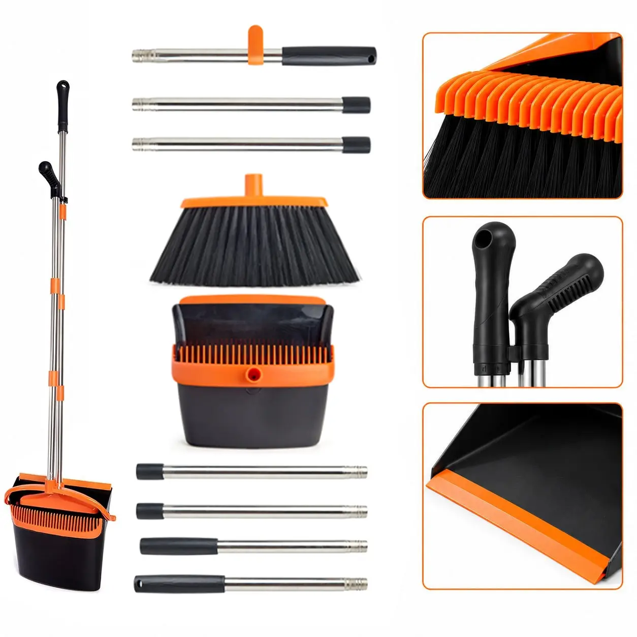 Broom and Dustpan Set with 54-in Long Adjustable Handle,Black Orange Broom Dustpan Combo with Dustpan Teeth to Automatically Clean Hair Suitable for Home Kitchen Office Hall Floor