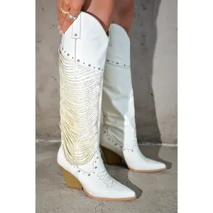 Stika Rhinestone Fringe Western Boots - White Women Girl