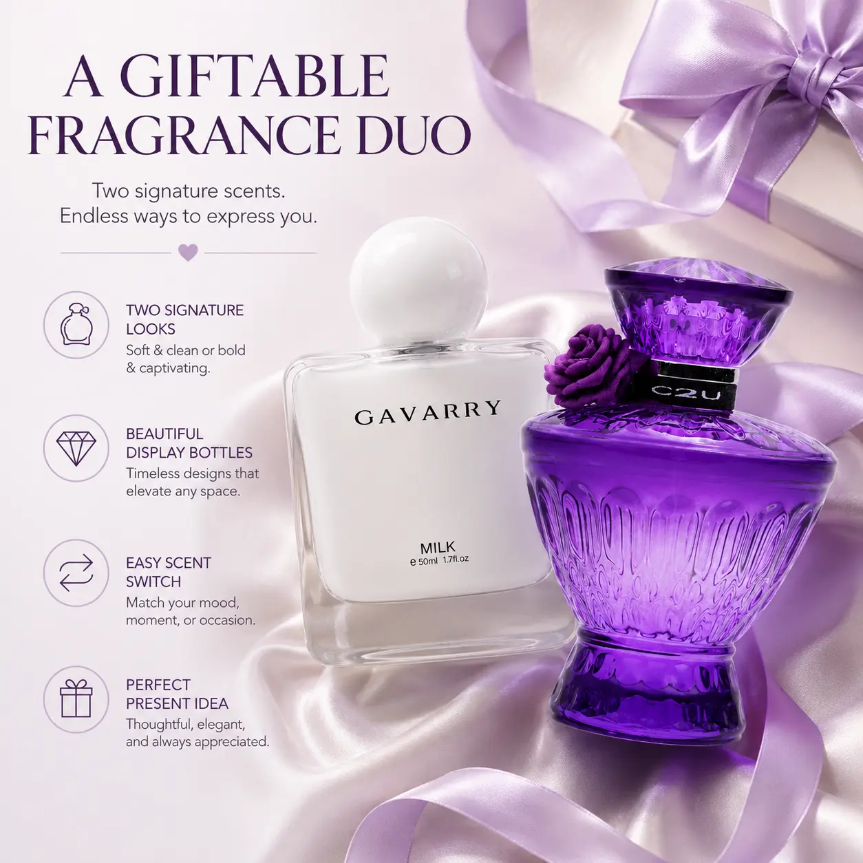 Gavarry Vanilla Milk Coconut & Purple Crystal Floral Perfume Gift Set for Women Sweet Creamy Long Lasting Fragrance Spray Elegant Daily Scent Collection