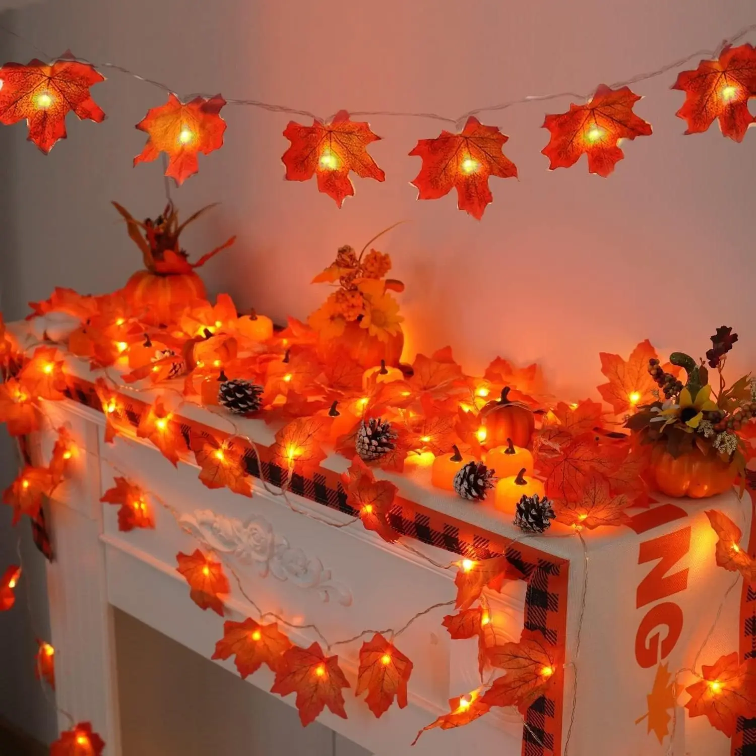 2 Packs Fall Decorations for Home, Thanksgiving Lights Battery Operated, Total 20ft 40 LED Lighted Fall Garland Maple Leaves for Holiday Autumn Harvest Fall Thanksgiving Halloween Decor