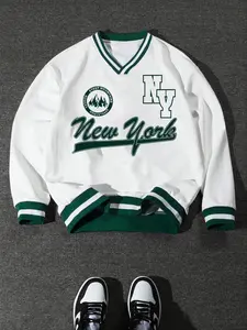 Men's Campus Sporty V-Neck Sweatshirt, Casual Fashion Letter Print Pullover, Fall Winter Daily Wear, Outdoor Activities