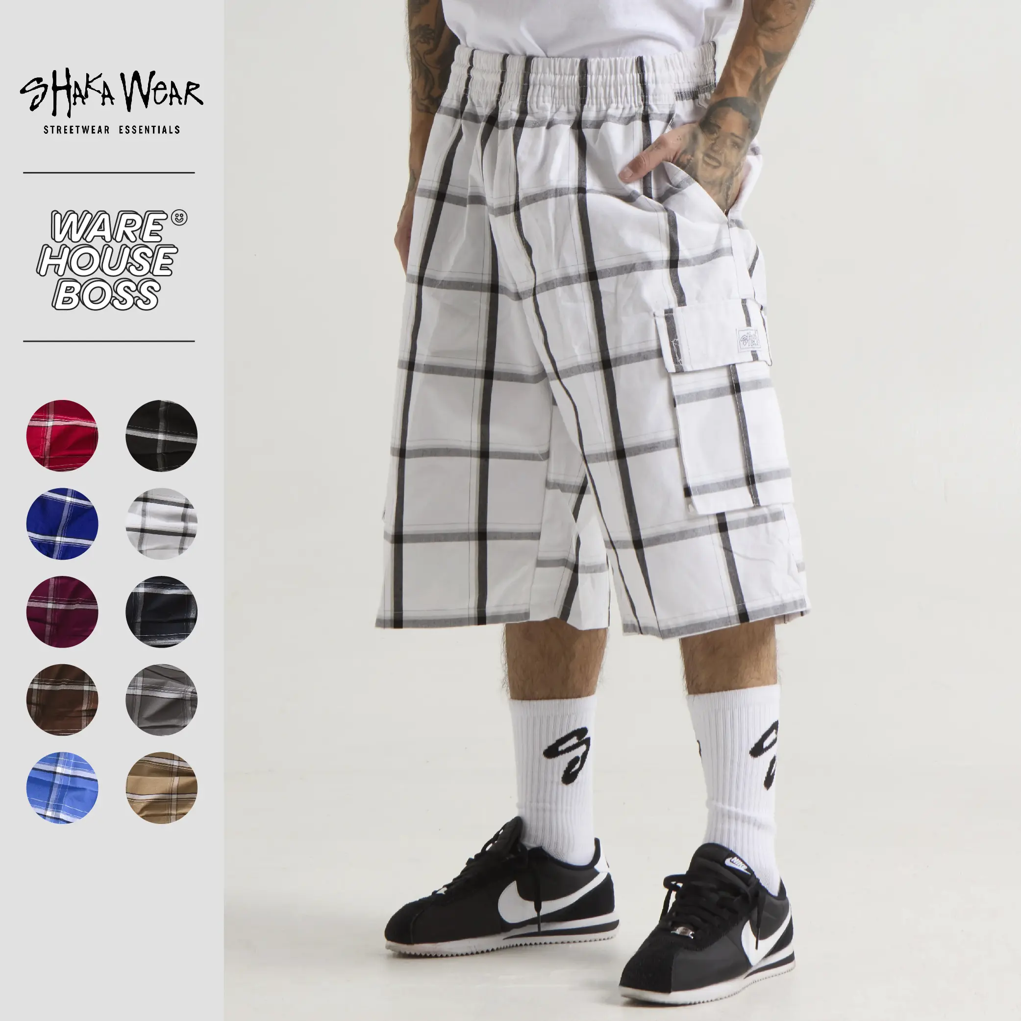 SHAKAWEAR Men's Plaid Checker Shorts SHAKA WEAR 6 Pockets Drawstrings Relaxed Fit Flannel Shorts Plain Casual Shorts Hip Hop Harem