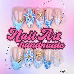 Delicatething Y2K Style Almond Shape Handmade Nail Art, 4 Sizes XS-S-M-L, 3D Floral Design, Perfect for Parties, Includes Jelly Glue, Crystal Stick, File, Flower Design Nails