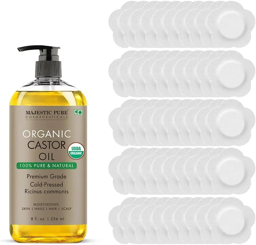 Majestic Pure USDA Organic Castor Oil - 8 Fl Oz, with Adhesive Patches for Aromatherapy & Alternative Medication Use