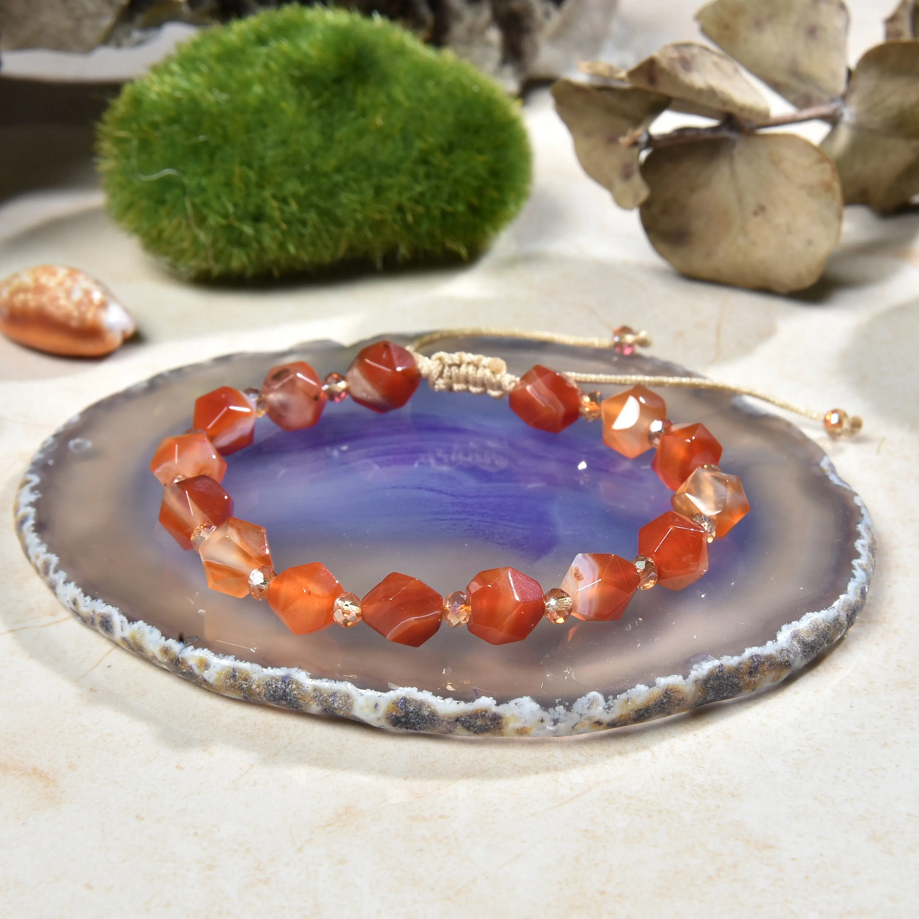 Hand Beaded Star-cut Natural Carnelian and Crystal  Pull String Adjustable Shamballa Bracelet 6-9" Long.  Chakra Orange Stone Bracelet.