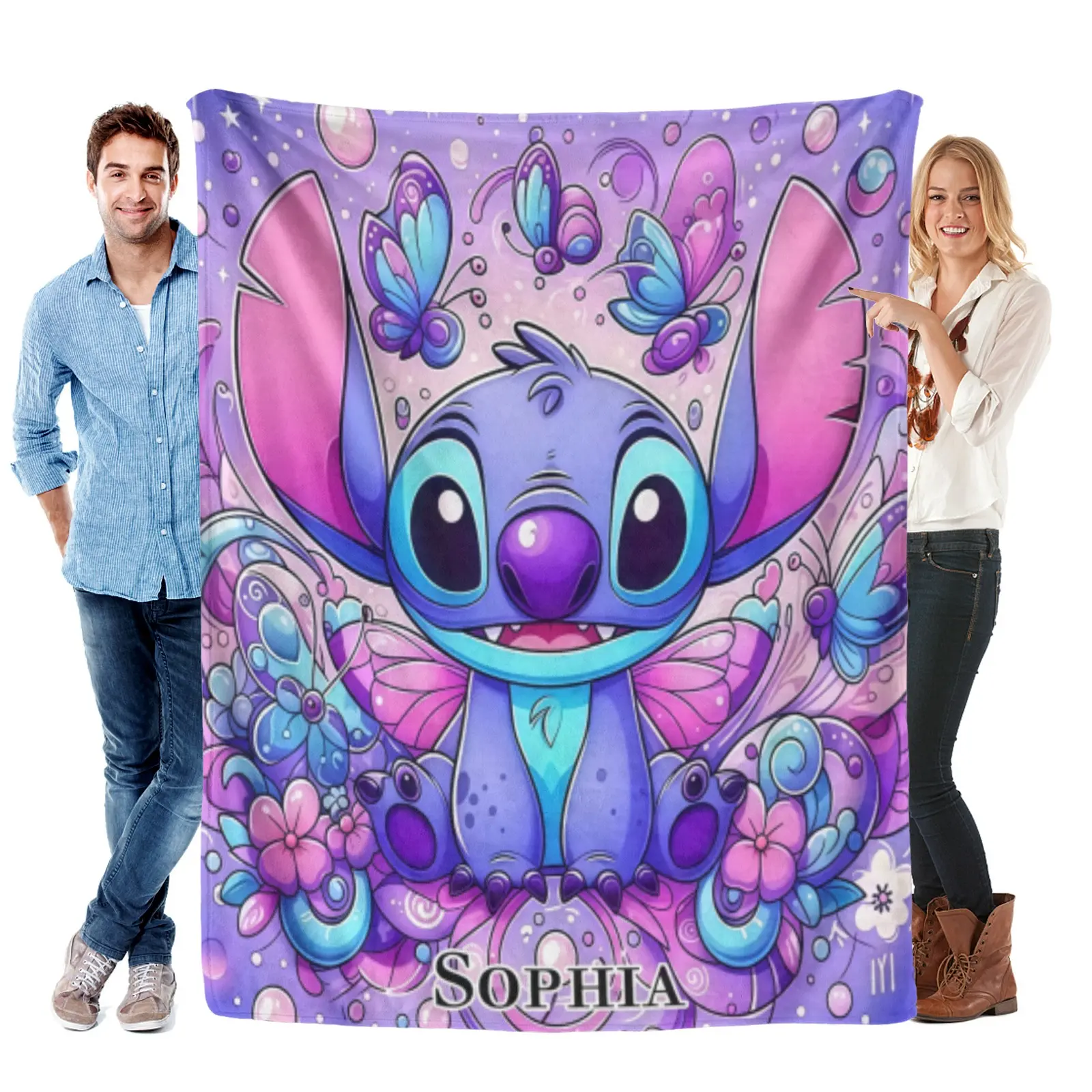 [Summervibes] Disney Purple Pink Stitch Customized Name Blanket, Washable Flannel,Fairycore Disney Blanket For Bedroom Styling