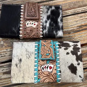 Western Leather Wallet with Cowhide Accents and Embroidered Poker Card Design for Men and Women
