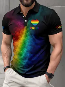 Rainbow Pride Gradient Smoke Polo Shirt, Polo Style, Men's Casual Heart Print Short Sleeve, Fitted Geometric Pattern, Perfect for Daily Wear, Pride Shirts, Menswear