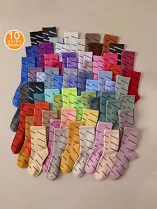 10 Pairs Random Women's Long Tube Socks, Stylish High-Cut Print Socks, Trendy Casual Fall Winter Sports Socks, Fashionable Style Socks, Rib Knit Socks