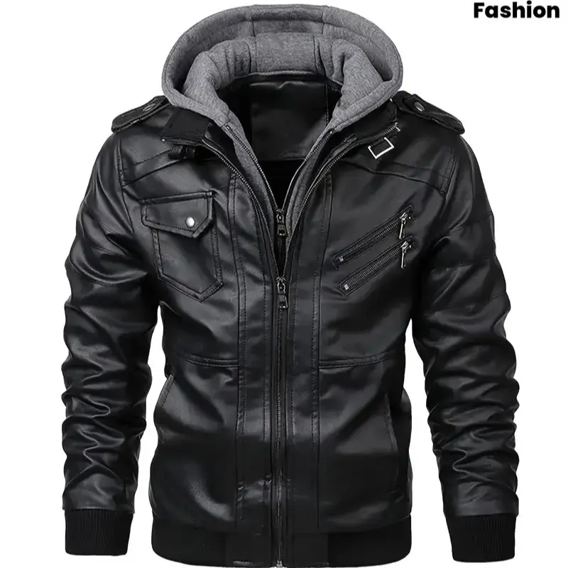 Men's Motorcycle Jacket in Black PU Leather, Slim Fit Long Sleeve Coat with a Detachable Hood and Multiple Pockets, Longsleeves, Biker Jackets & Coats, Biker Men's Lightweight Jackets