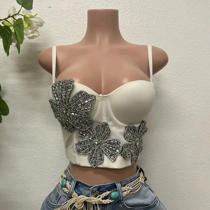 Elegant White Corset with Rhinestone Floral Embellishments and Thin Straps for a Chic Look