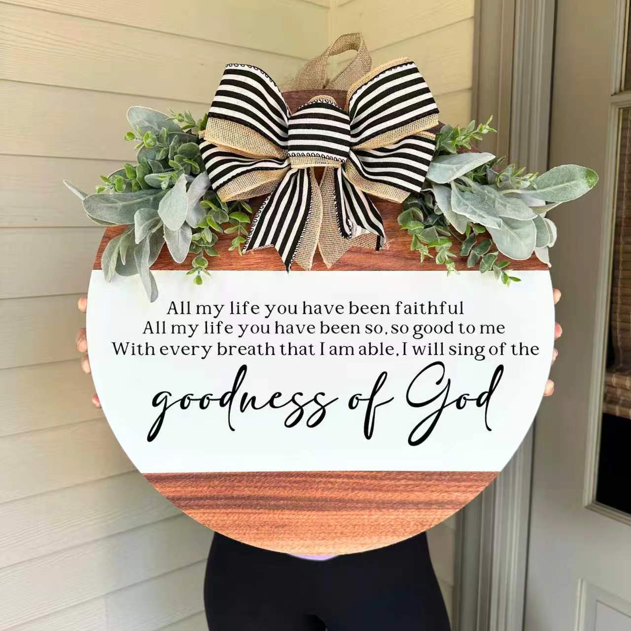 Christian Round Wooden Religious Door Hanger - 11.8 in Greenery, Goodness of God Bible Verse Sign, Smooth Lightweight Farmhouse Daily Decoration, Pre-Hung Rope Inspirational Porch Gift for Entryways